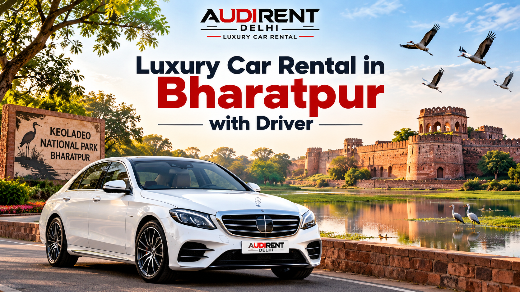 White Mercedes luxury car rental in Bharatpur with driver near a heritage-inspired backdrop