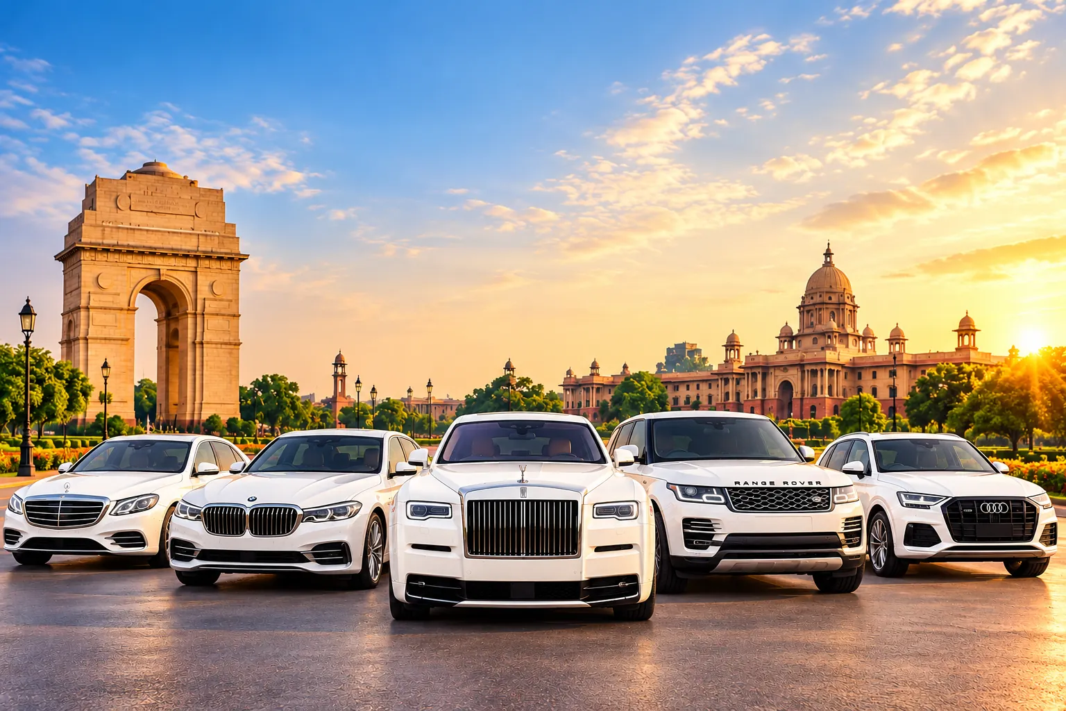 White Mercedes-Benz, BMW, Rolls-Royce, Range Rover and Audi luxury cars for rent in Delhi NCR
