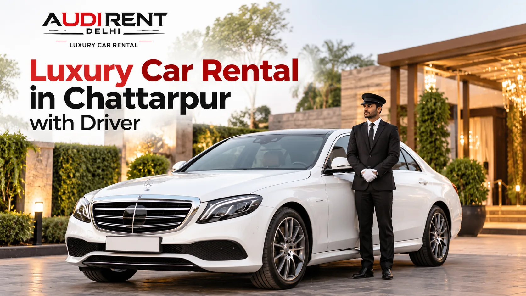 White Mercedes-Benz luxury car with chauffeur outside a premium venue in Chattarpur, Delhi.