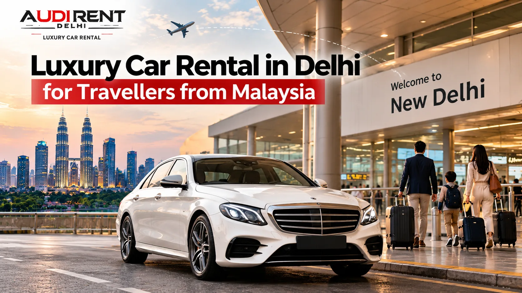 White Mercedes-Benz luxury car at Delhi Airport for Malaysian travellers.