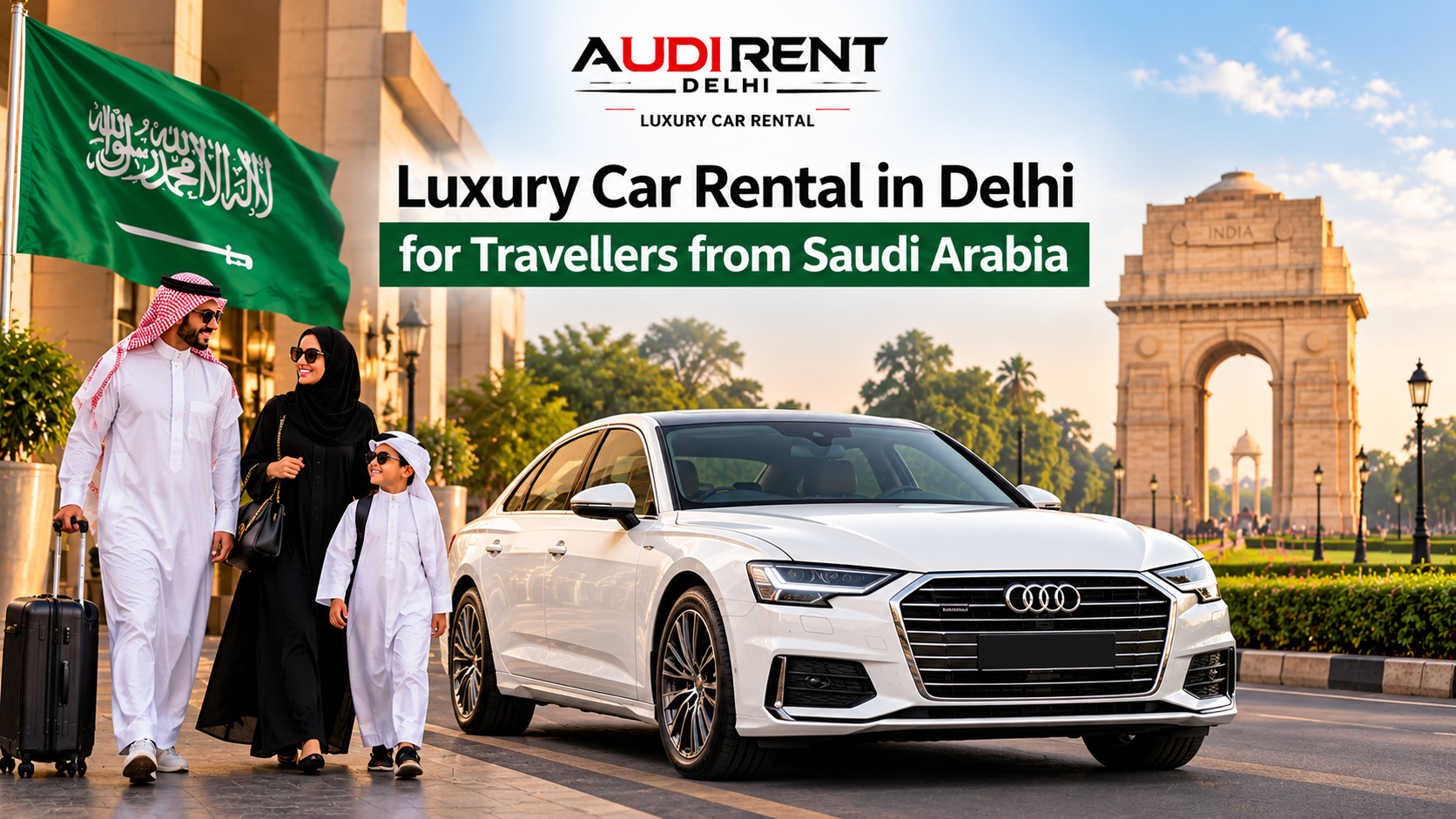 White Audi luxury sedan near India Gate in New Delhi with Saudi Arabian travellers, promoting chauffeur-driven luxury car rental in Delhi for visitors from Saudi Arabia.