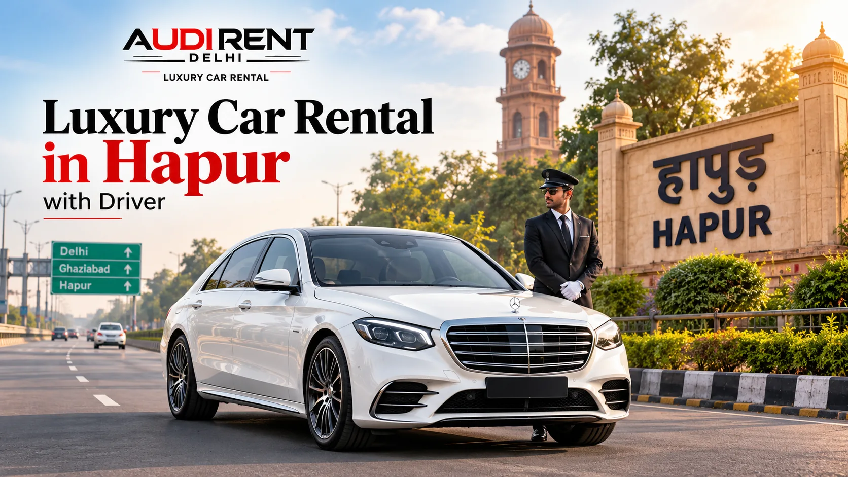 White Mercedes-Benz luxury car with chauffeur in Hapur, Uttar Pradesh, available for weddings, airport transfers and business travel.