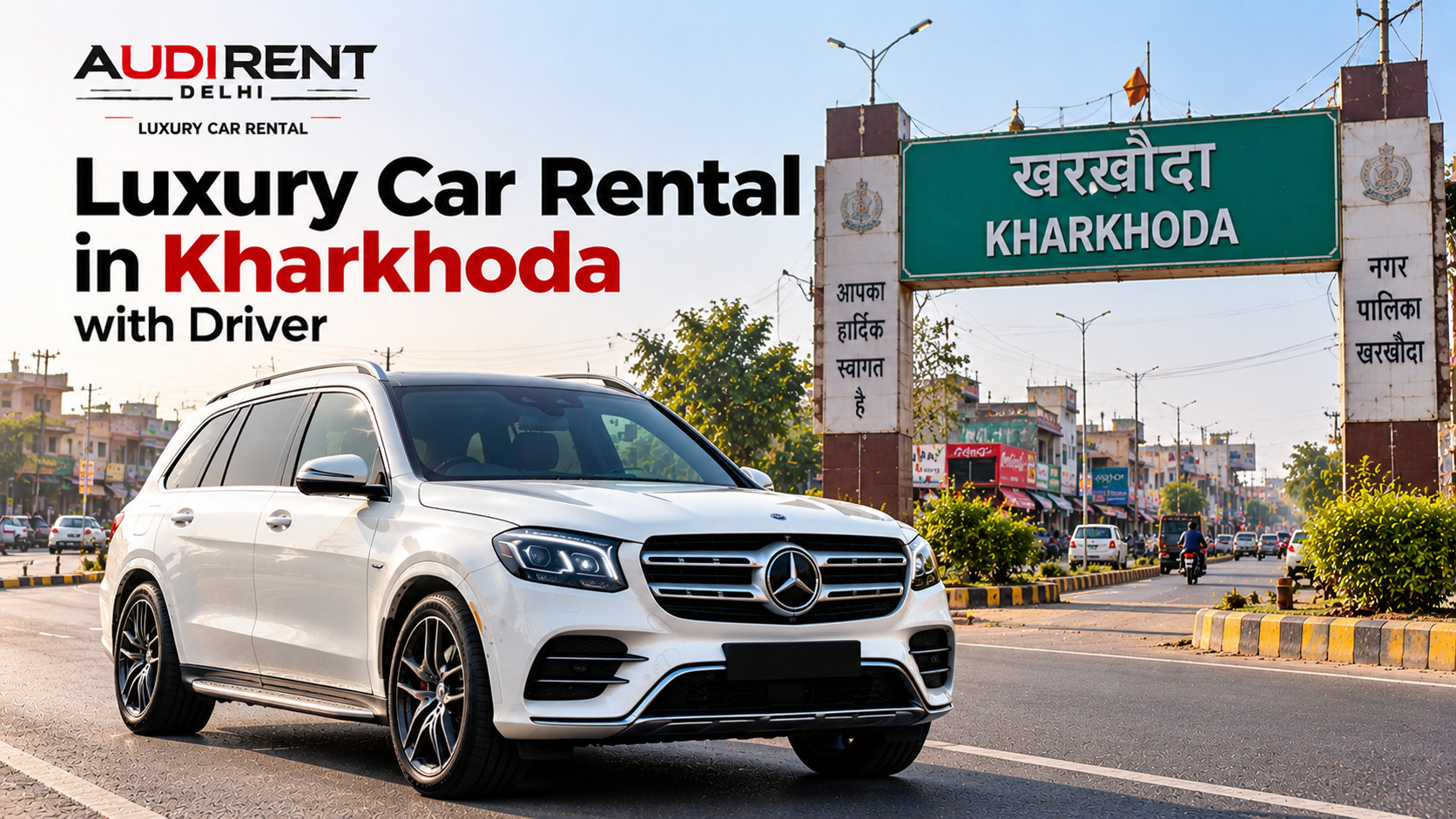 White Mercedes-Benz luxury SUV in Kharkhoda, Haryana, representing chauffeur-driven luxury car rental services by Audi Rent Delhi.