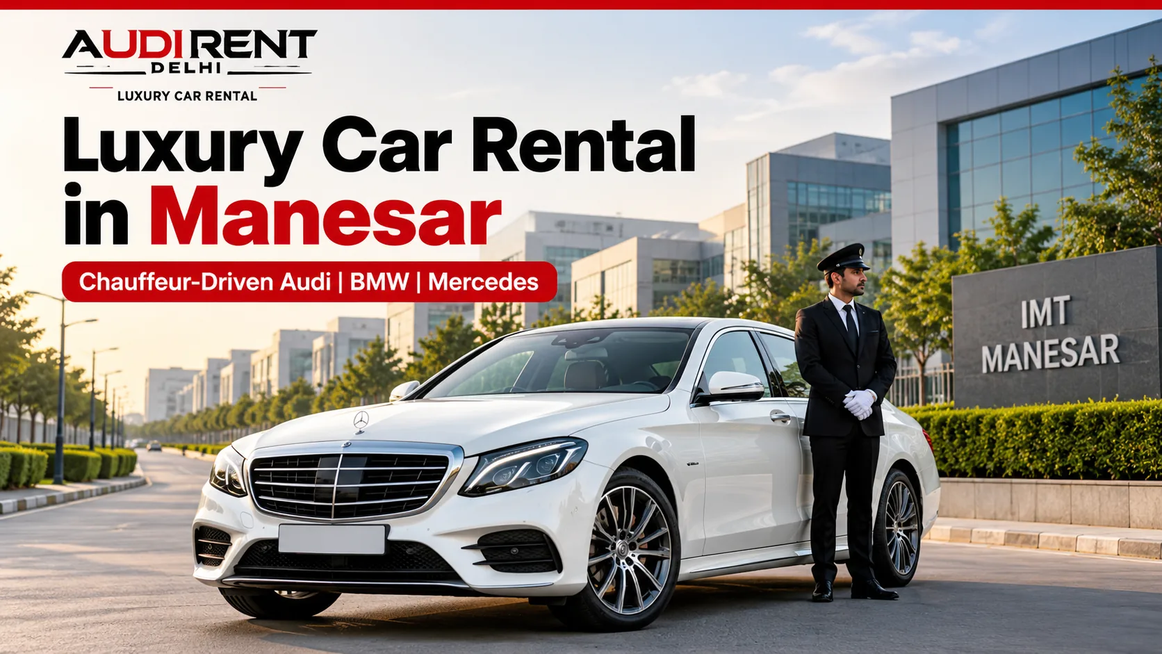 White Mercedes-Benz luxury car with professional chauffeur in IMT Manesar for corporate travel and airport transfers.