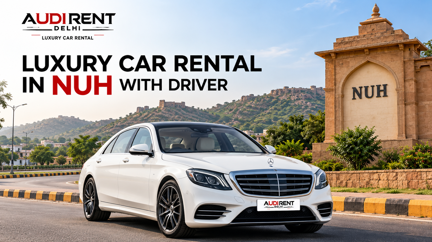 White Mercedes-Benz luxury car available for rent in Nuh, Haryana, with professional chauffeur service by Audi Rent Delhi.