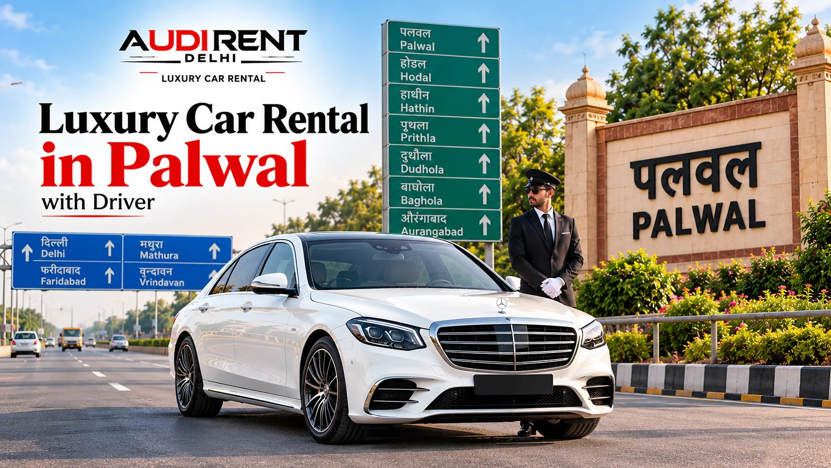 White Mercedes-Benz luxury car with chauffeur in Palwal, Haryana, featuring Delhi, Faridabad, Hodal and Mathura route signage.