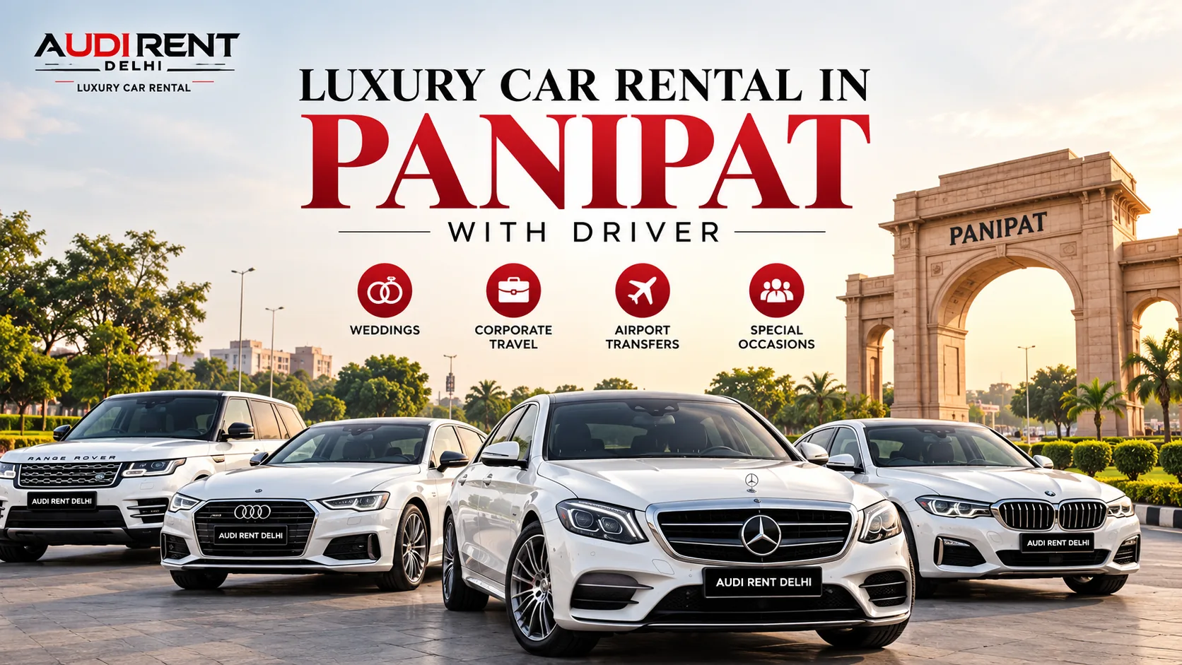 Chauffeur-driven luxury car rental in Panipat featuring white Mercedes-Benz, Audi, BMW and Range Rover cars.