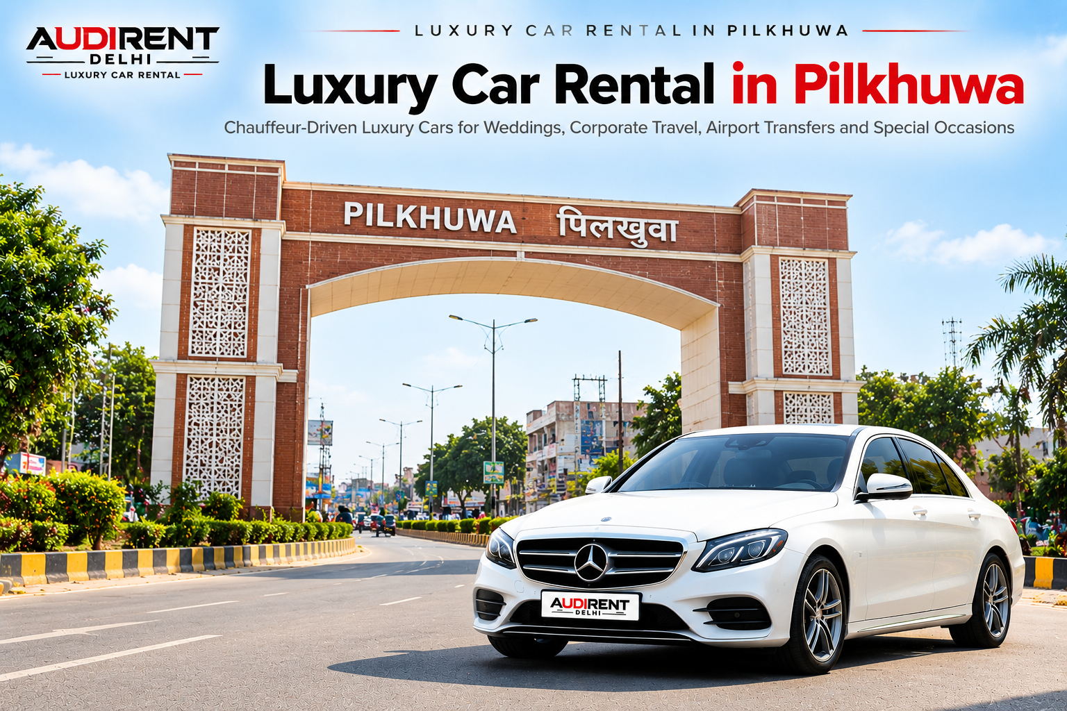 White Mercedes-Benz luxury car with chauffeur for rent in Pilkhuwa, Uttar Pradesh, featuring Audi Rent Delhi branding.