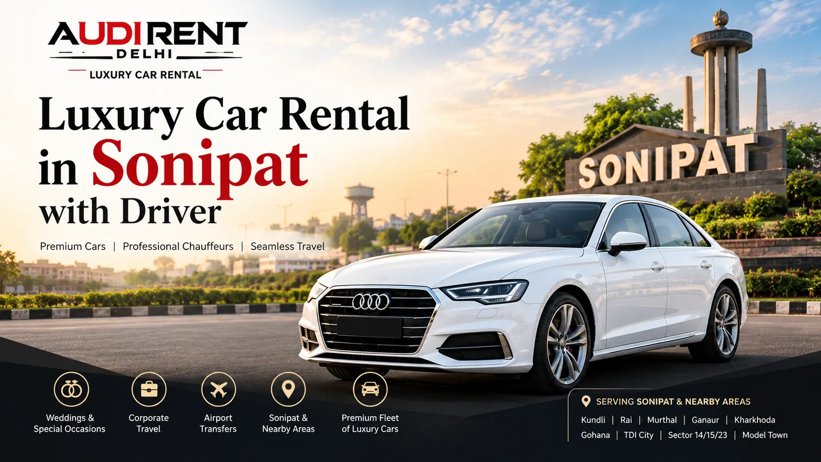Luxury car rental in Sonipat with driver featuring a white Audi sedan for weddings, corporate travel and airport transfers.