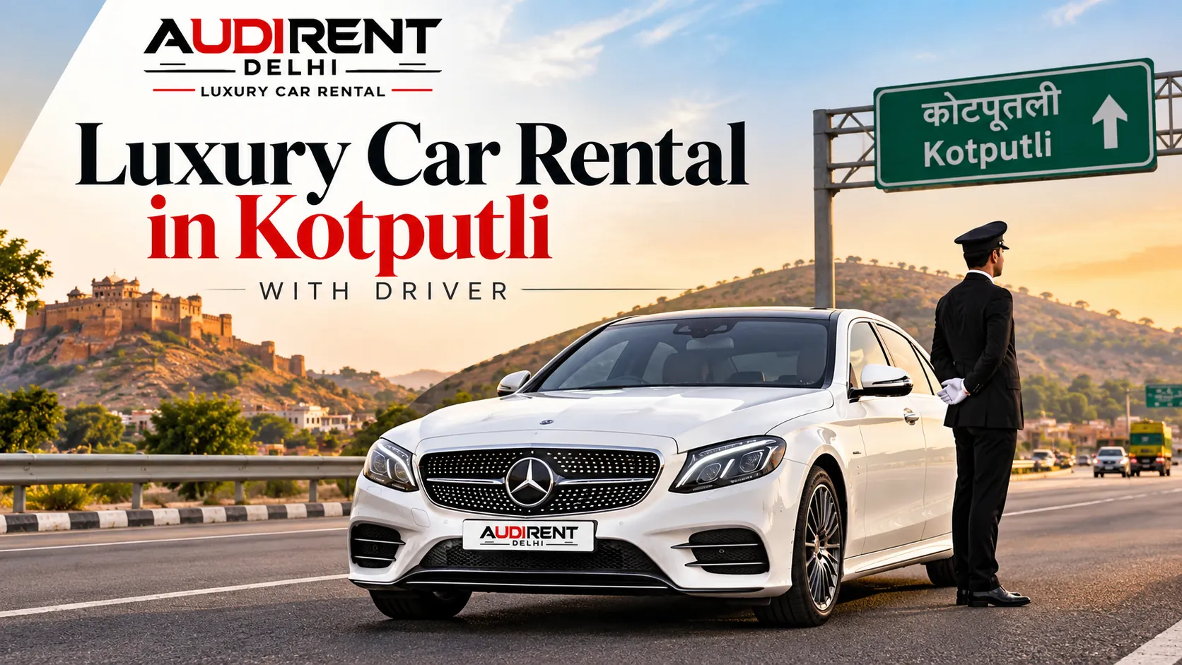 White Mercedes-Benz luxury car with chauffeur on the Delhi–Jaipur Highway in Kotputli, Rajasthan, by Audi Rent Delhi.