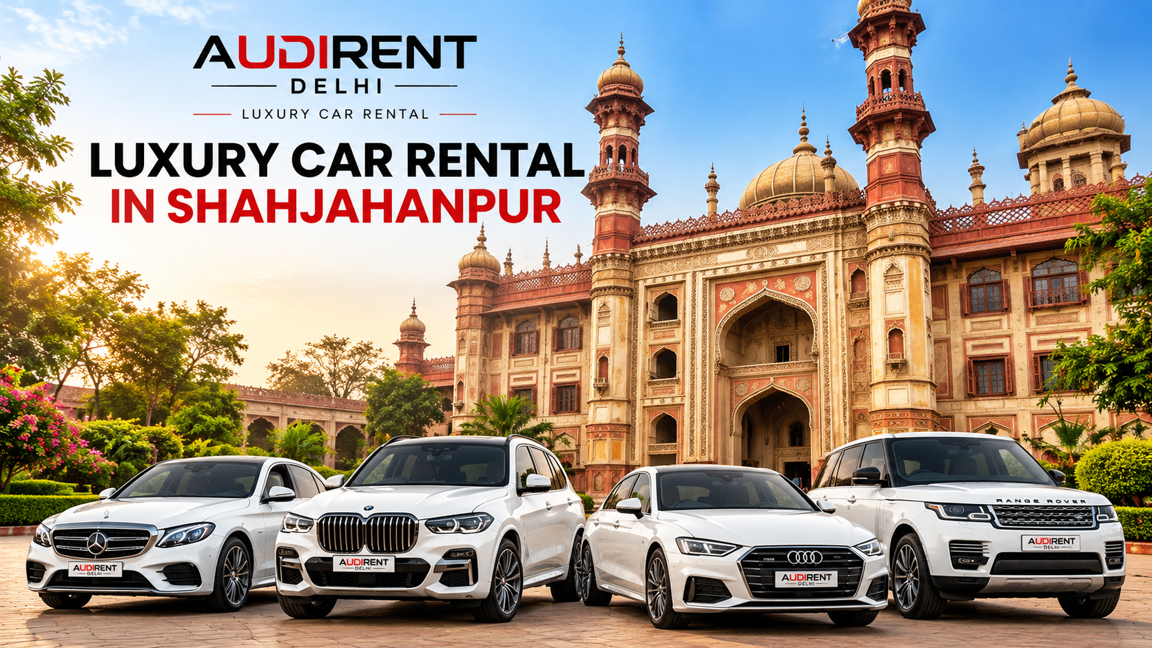 Mercedes-Benz, BMW, Audi and Range Rover luxury cars in a promotional image for chauffeur-driven rental in Shahjahanpur, Rajasthan.