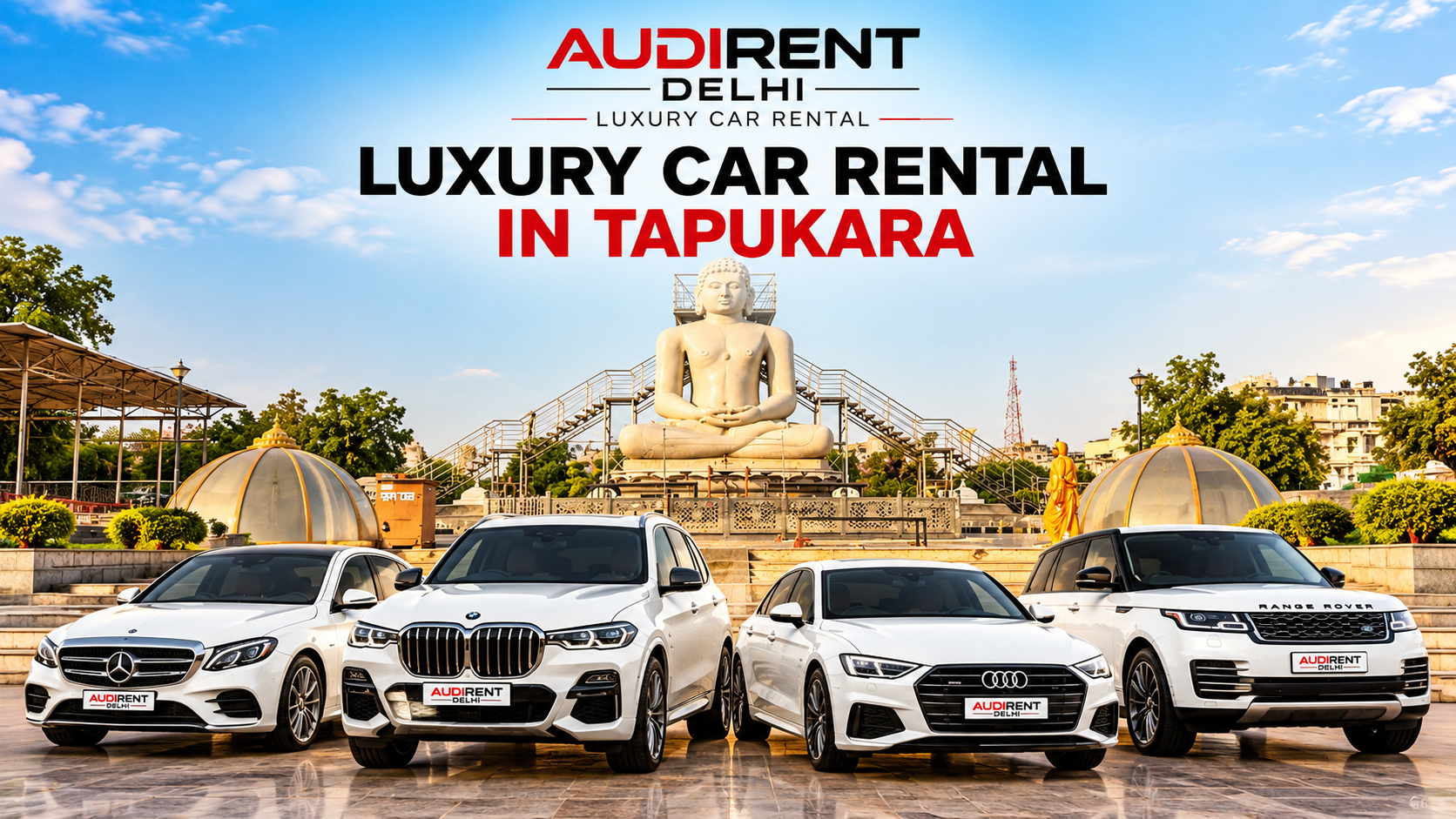 White Mercedes-Benz, BMW, Audi and Range Rover luxury vehicles displayed in a promotional image for car rental in Tapukara.