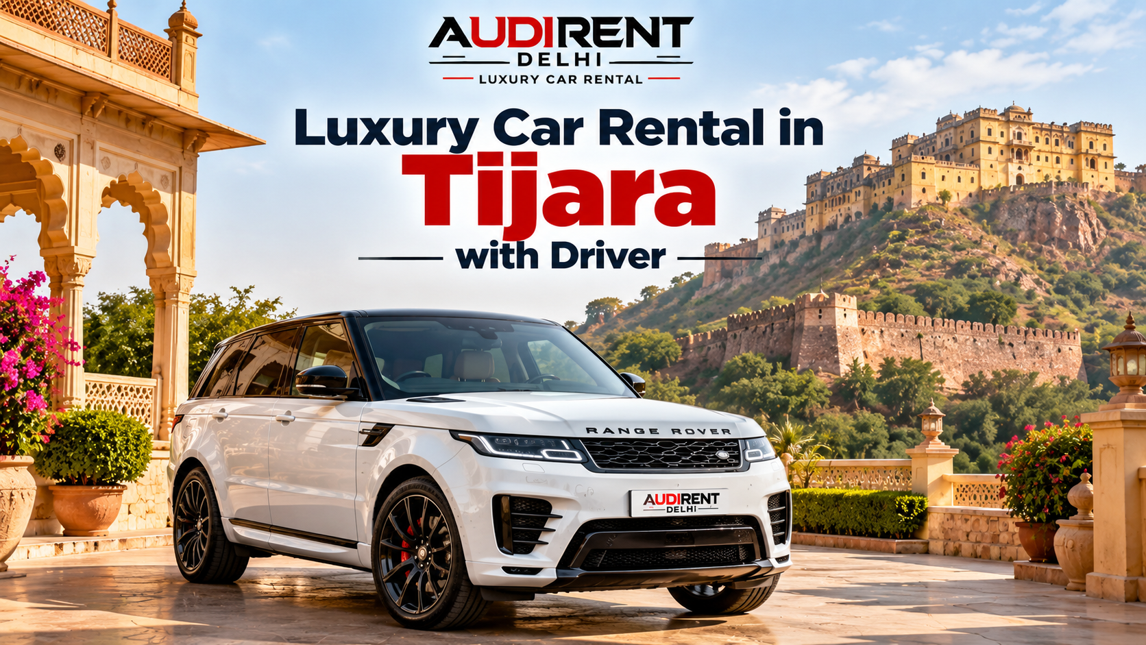 White Range Rover luxury car rental in Tijara with driver near a heritage palace