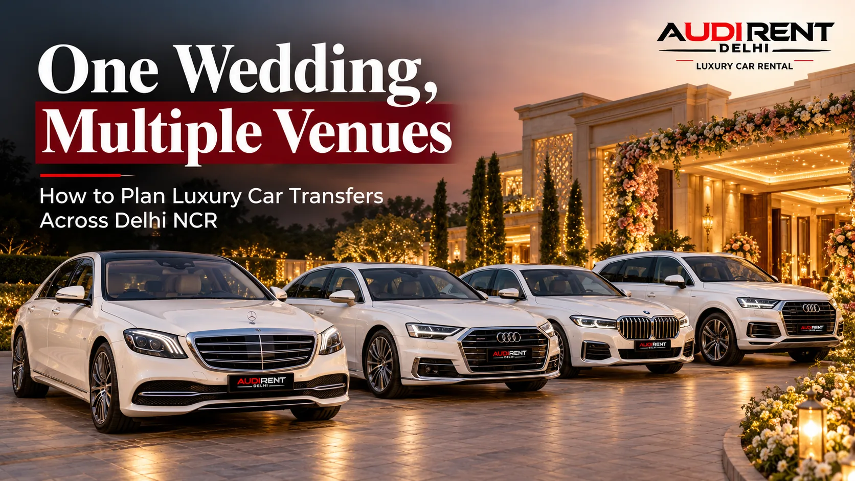 Four white luxury cars, including Mercedes-Benz, Audi and BMW, arranged outside a decorated wedding venue in Delhi NCR.