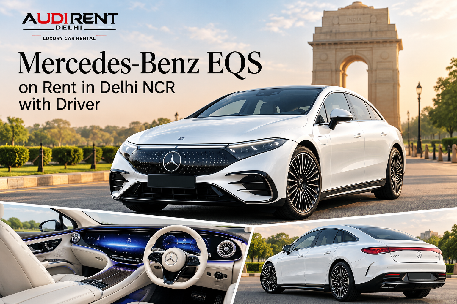 White Mercedes-Benz EQS on rent in Delhi NCR with driver, showcasing luxury electric sedan exterior and premium interior.