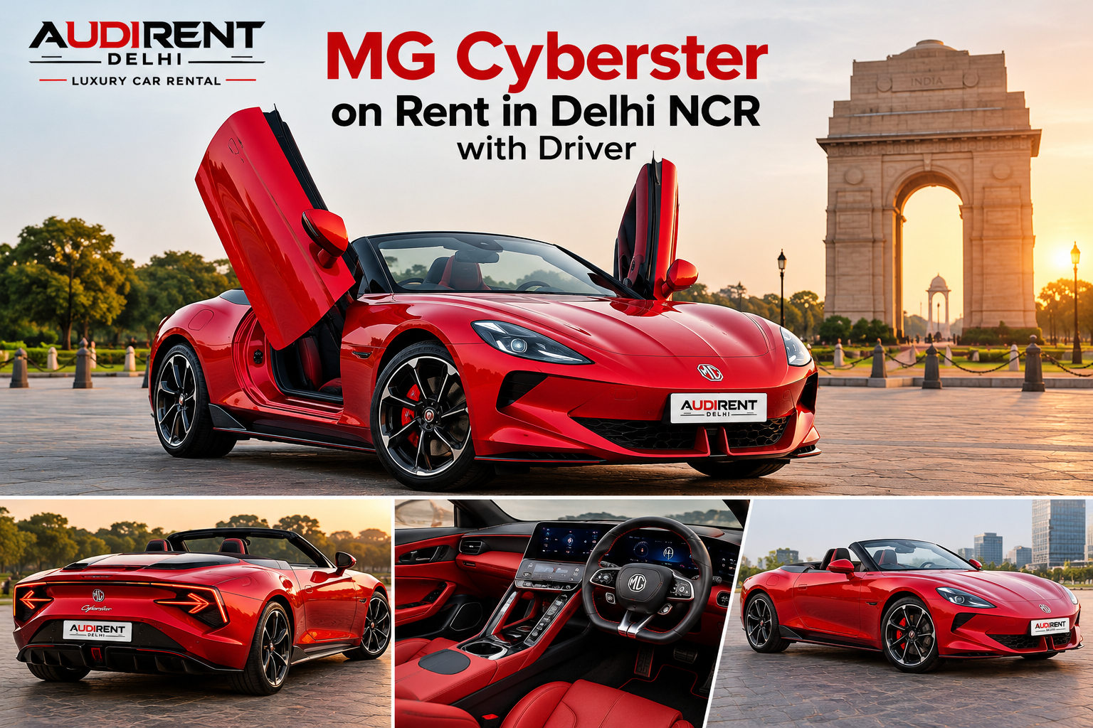 Red MG Cyberster electric convertible on rent in Delhi NCR with driver, featuring exterior angles, scissor doors and luxury interior.