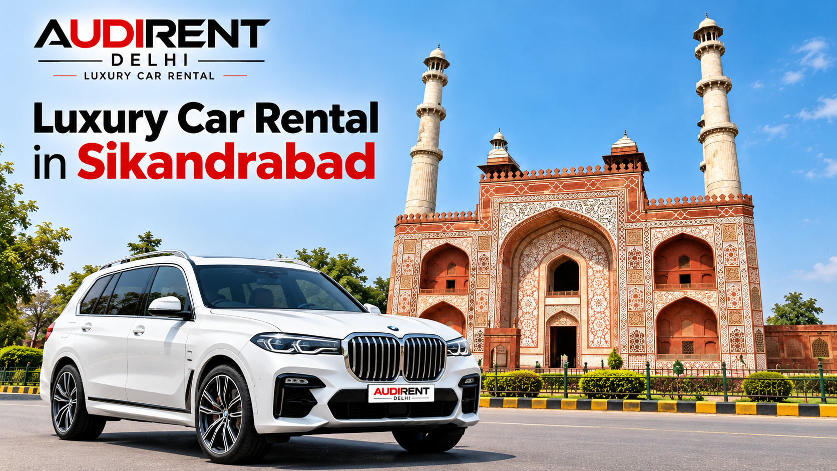 White BMW X7 luxury car rental in Sikandrabad with driver by Audi Rent Delhi.