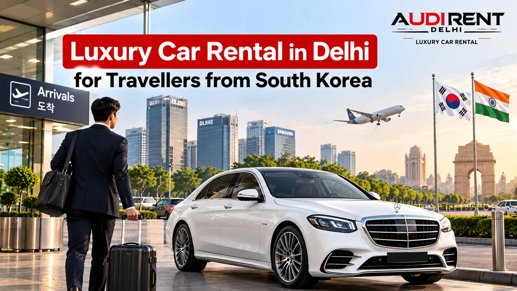 White Mercedes-Benz luxury car at Delhi Airport for travellers from South Korea.