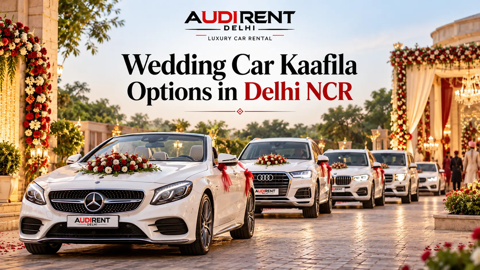 Wedding car kaafila in Delhi NCR with white luxury cars for wedding transportation