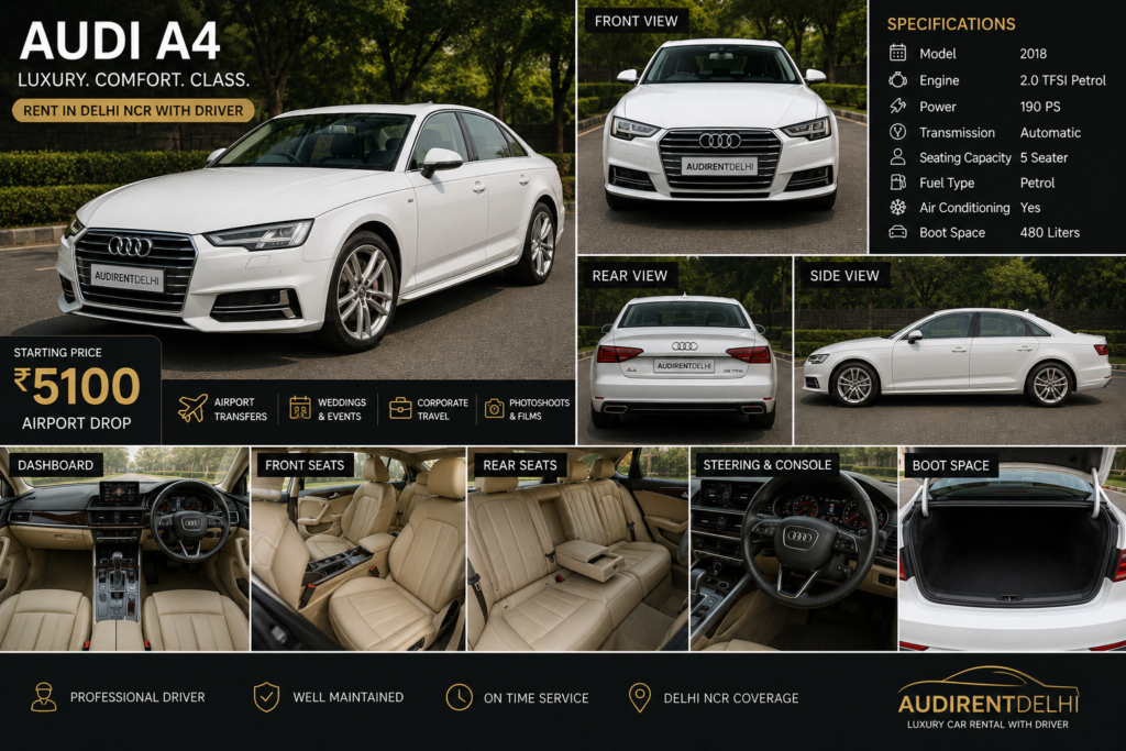Audi A4 on rent in Delhi NCR with driver for airport transfers, weddings and corporate travel.