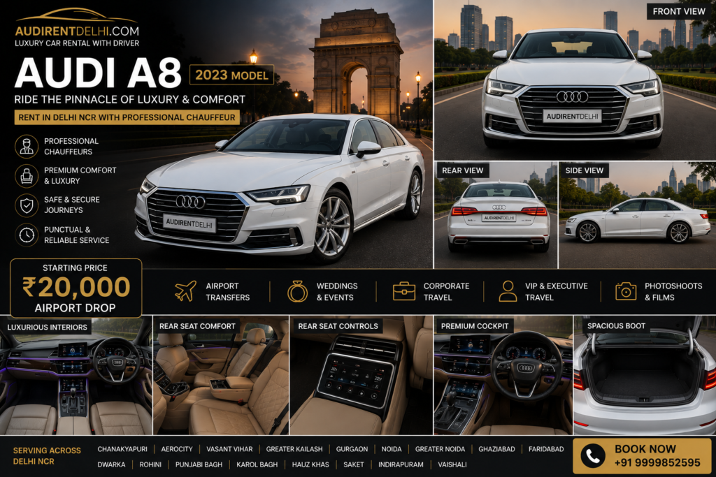 Audi A8 on rent in Delhi NCR with professional chauffeur for weddings, airport transfers, corporate and VIP travel.