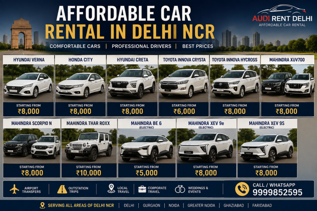 Affordable cars on rent in Delhi NCR with driver including Hyundai Verna, Honda City, Creta, Innova, XUV700, Scorpio N, Thar ROXX and electric SUVs.