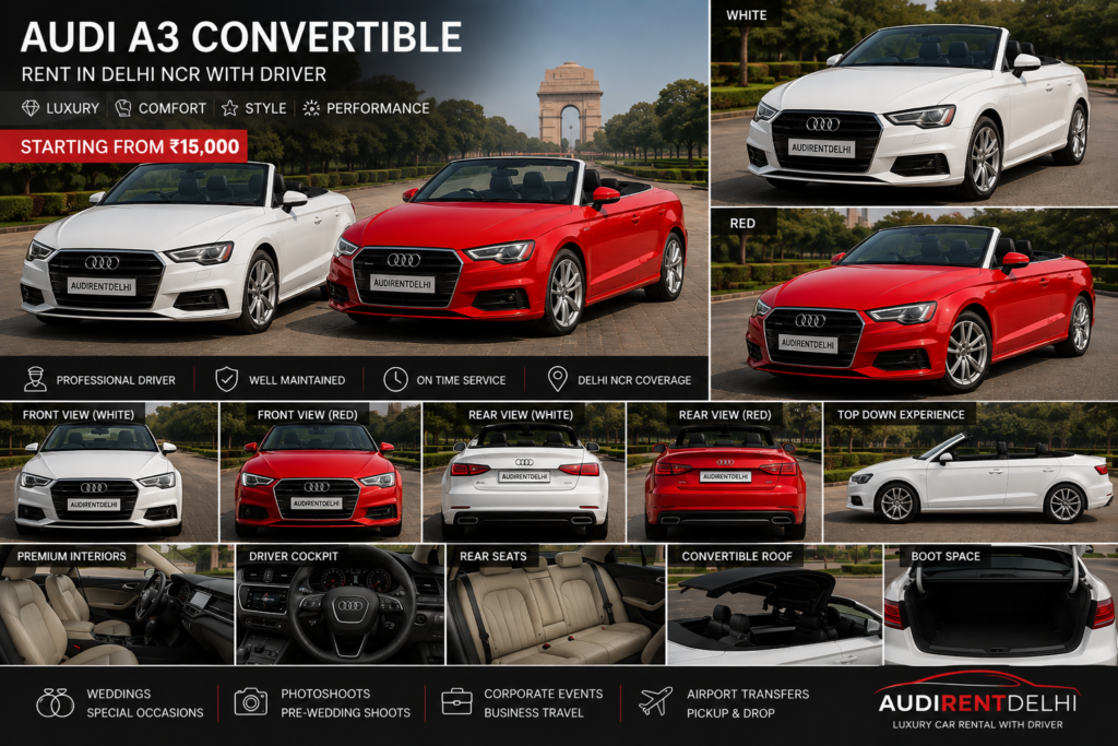 Audi A3 Convertible rental in Delhi NCR with professional driver for weddings, photoshoots and special occasions