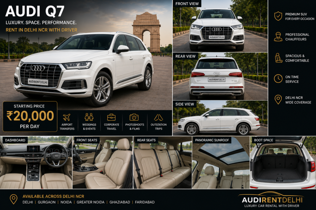White Audi Q7 rental in Delhi NCR with driver showing front, rear, side, luxury interior, panoramic sunroof and boot space