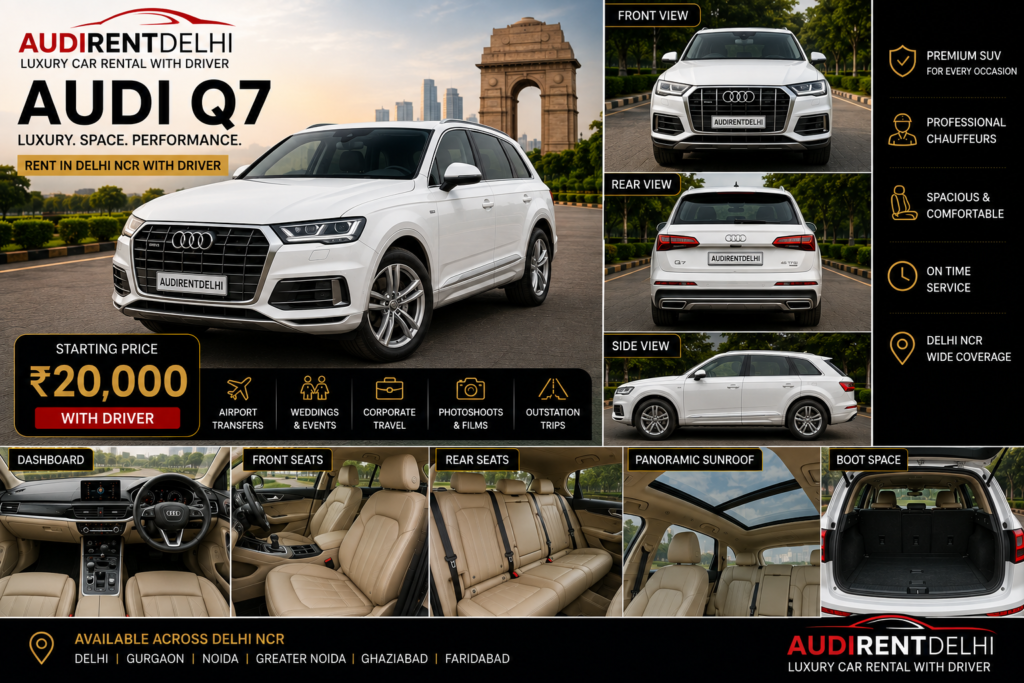 Audi Q7 rental in Delhi NCR with professional driver for weddings, airport transfers, corporate travel and outstation trips