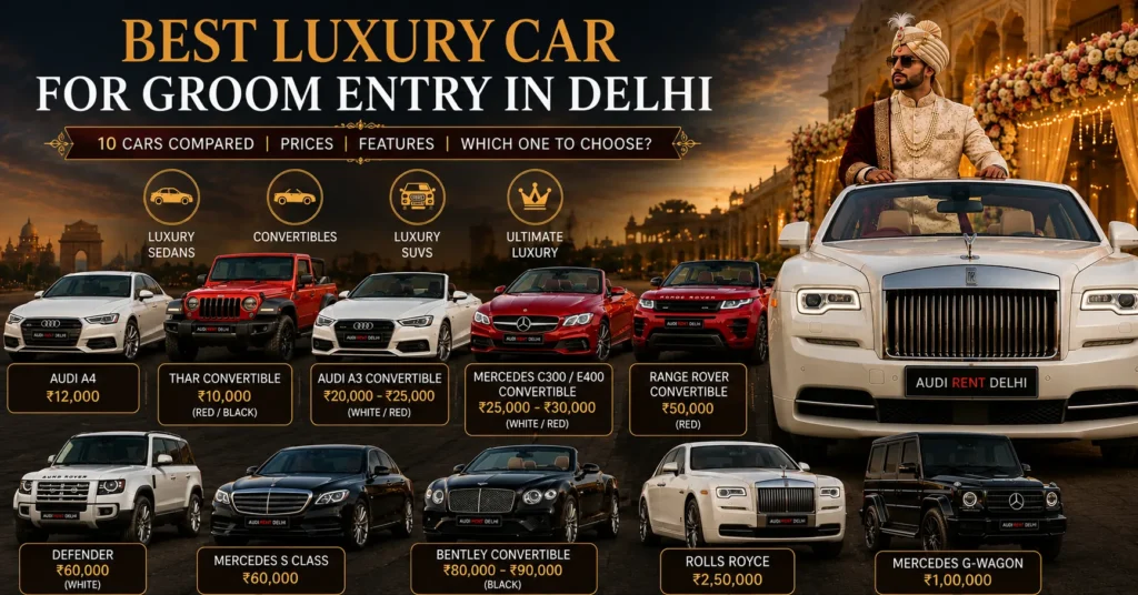 Luxury groom entry cars in Delhi including Audi convertibles, Mercedes, Defender, Range Rover, Bentley, G-Wagon and Rolls-Royce