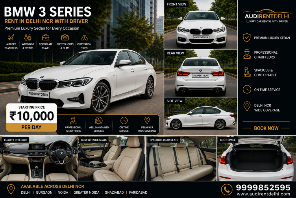 BMW 3 Series luxury sedan rental with professional chauffeur in Delhi NCR – available for airport transfers, corporate travel, weddings and special occasions from ₹10,000 per day.