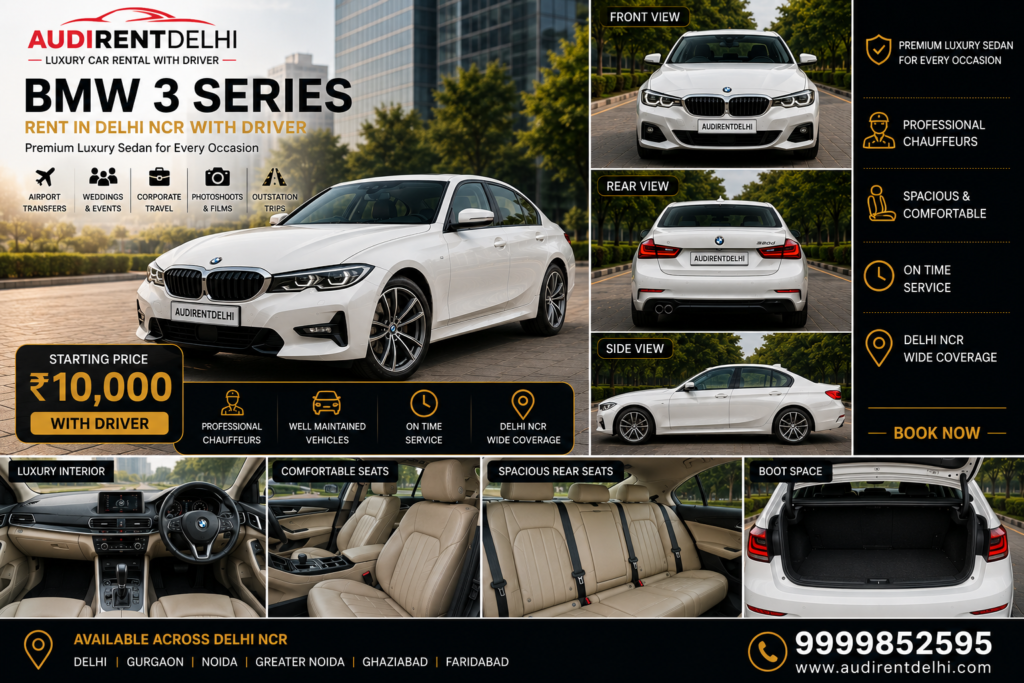 BMW 3 Series rental in Delhi NCR with professional driver for weddings, airport transfers, corporate travel and events