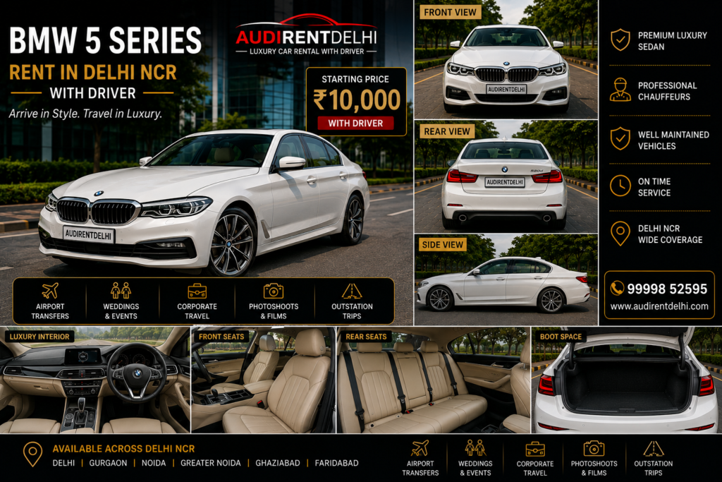 BMW 5 Series rental in Delhi NCR with professional driver for airport transfers, corporate travel, weddings and events