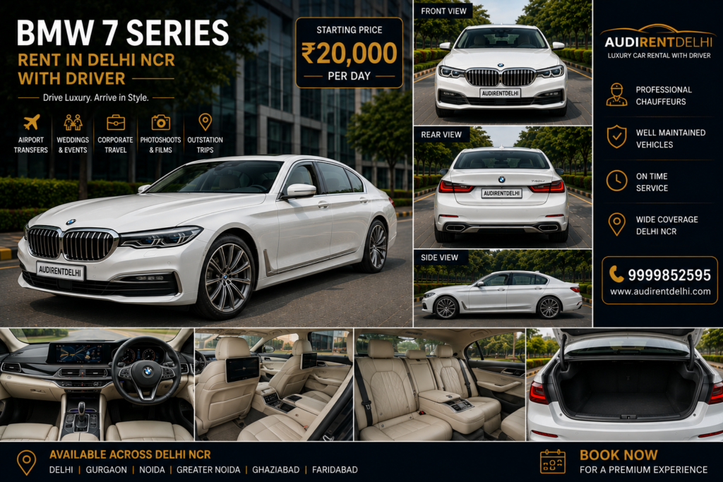 White BMW 7 Series rental in Delhi NCR with professional driver showing front, rear, side, luxury interior, rear seats and boot space