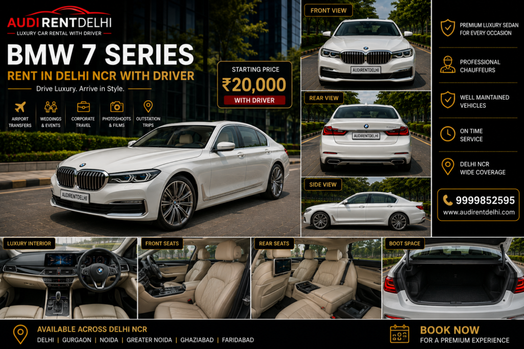 BMW 7 Series rental in Delhi NCR with professional chauffeur for weddings, VIP travel, airport transfers and corporate events