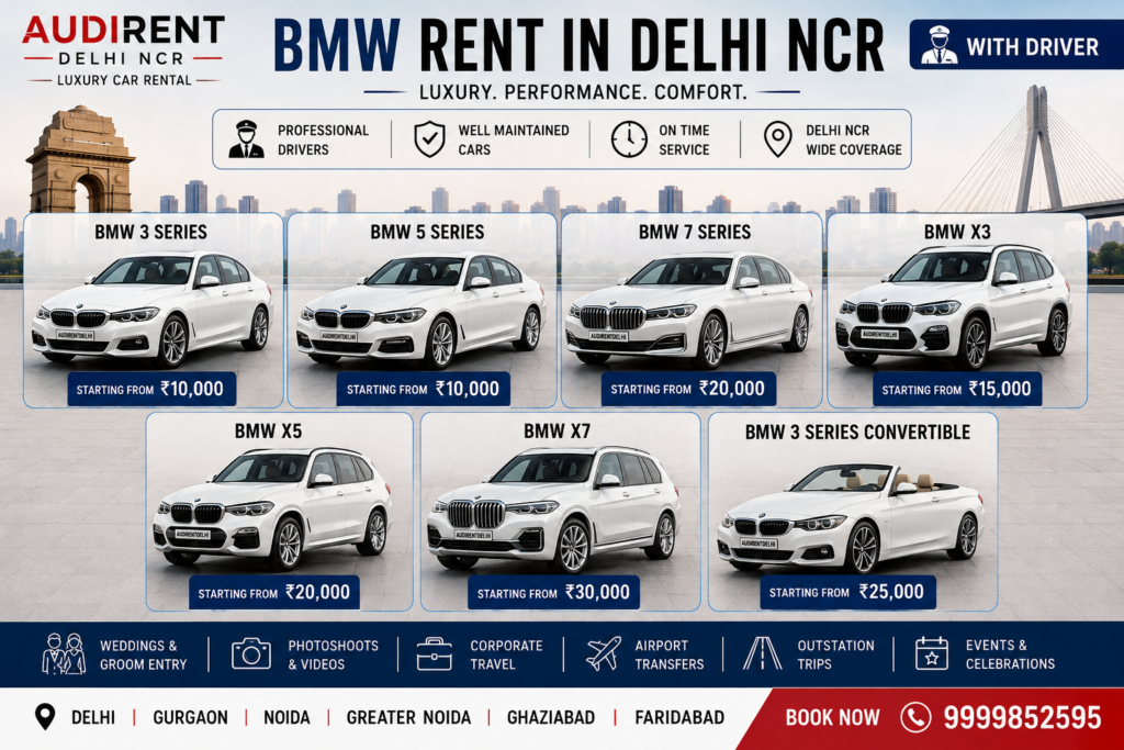 BMW car rental in Delhi NCR with driver featuring BMW 3 Series, 5 Series, 7 Series, X3, X5, X7 and 3 Series Convertible