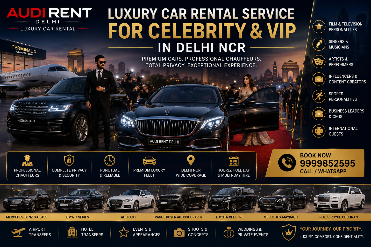 Luxury car rental for celebrities and VIPs in Delhi NCR with professional chauffeur service