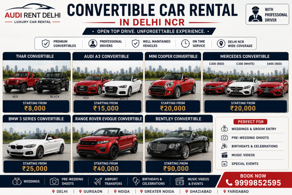 Convertible car rental in Delhi NCR with Thar, Audi A3, Mini Cooper, Mercedes, BMW 3 Series, Range Rover Evoque and Bentley with driver.