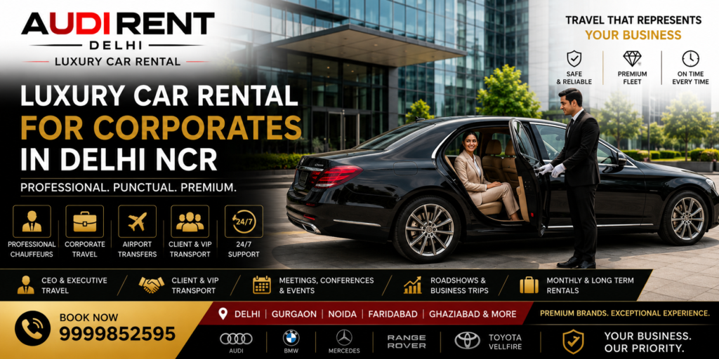 Corporate luxury car rental in Delhi NCR with professional chauffeur for executive and business travel