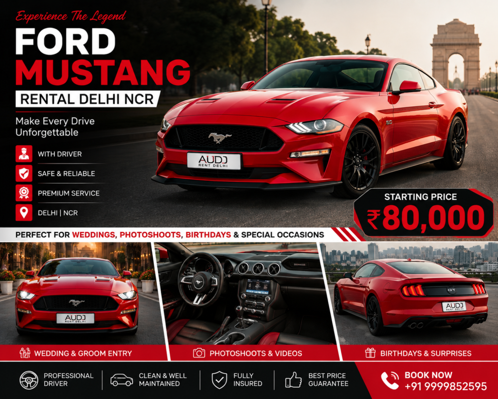 Ford Mustang rental in Delhi NCR with driver for weddings, groom entry, photoshoots, video shoots and special events