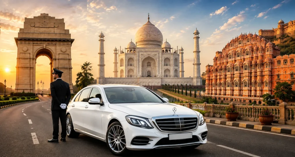 Chauffeur-driven luxury car for Golden Triangle tour from Delhi to Agra and Jaipur