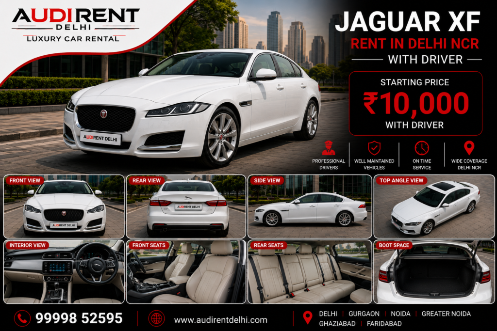 Jaguar XF rental in Delhi NCR with professional chauffeur for weddings, airport transfers and corporate travel