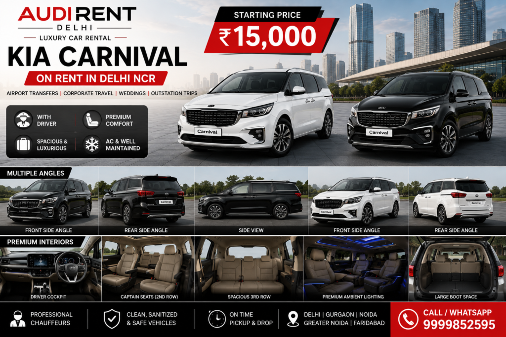 Kia Carnival on rent in Delhi NCR with driver, showing multiple exterior angles and premium interiors