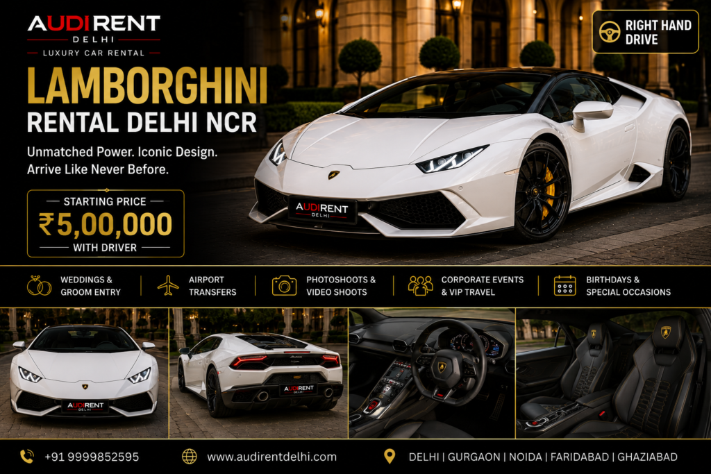 Lamborghini rental in Delhi NCR with driver for luxury weddings, groom entry, photoshoots, music videos and special events