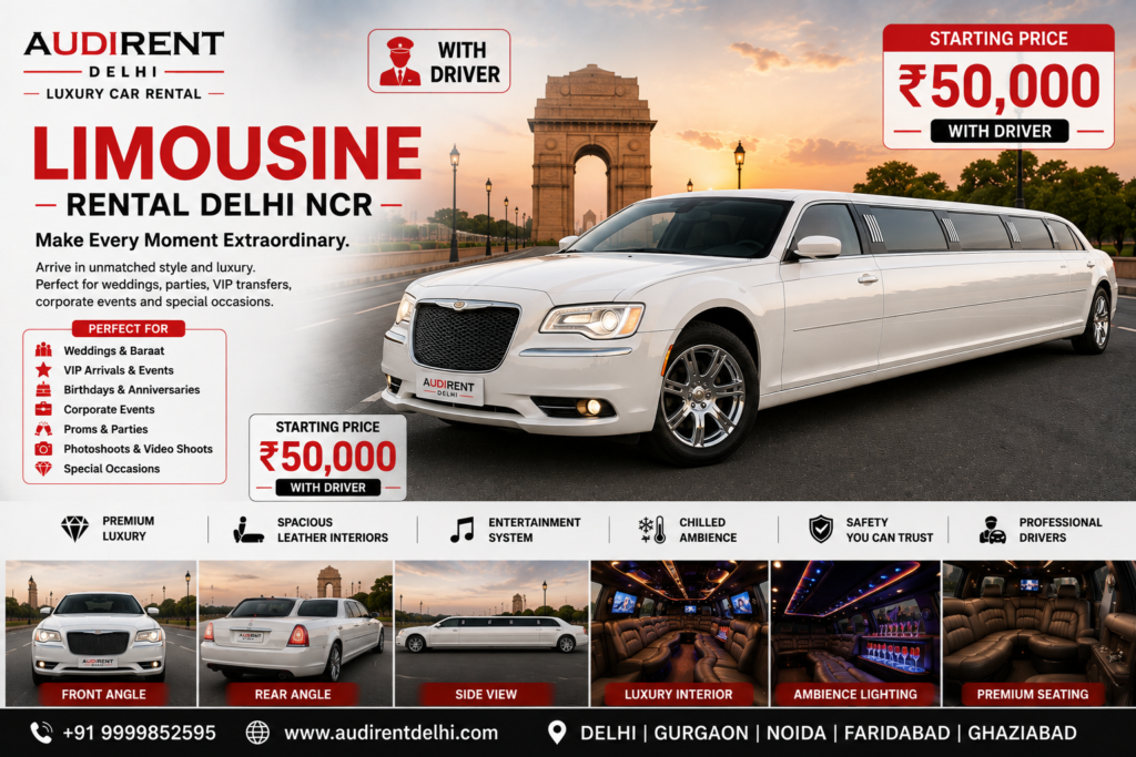 Luxury limousine rental in Delhi NCR with driver for weddings, groom entry, birthdays, anniversaries and VIP events