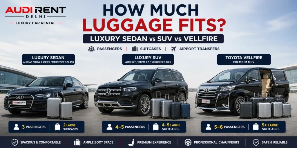 Luxury car luggage capacity comparison for sedan, SUV and Toyota Vellfire