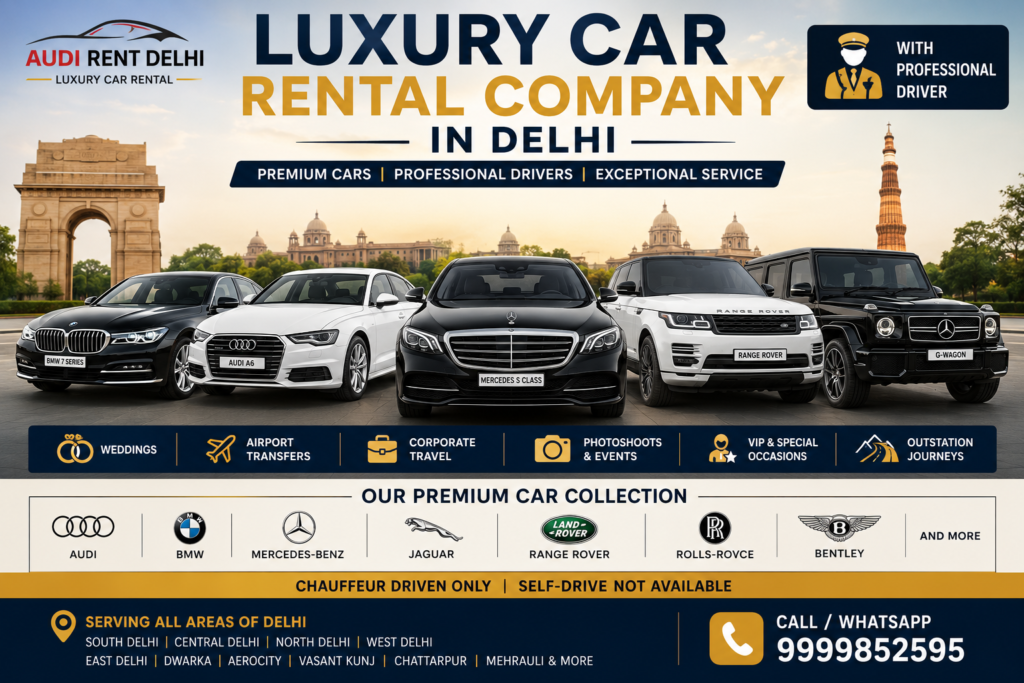 Luxury car rental company in Delhi offering Audi, BMW, Mercedes, Jaguar, Range Rover, Rolls-Royce and Bentley cars with professional drivers.