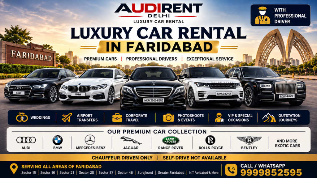 Luxury cars on rent in Faridabad with driver including Audi, BMW, Mercedes-Benz, Range Rover and Rolls-Royce for weddings, airport transfers and events.
