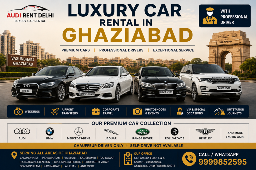 Luxury cars on rent in Ghaziabad with driver including Audi, BMW, Mercedes and Range Rover for weddings, airport transfers and events.