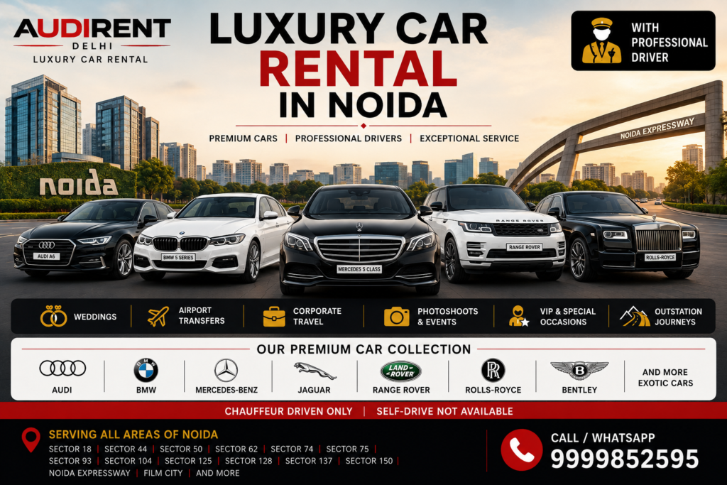 Luxury cars on rent in Noida with driver including Audi, BMW, Mercedes-Benz, Range Rover and Rolls-Royce for weddings, corporate travel and events.